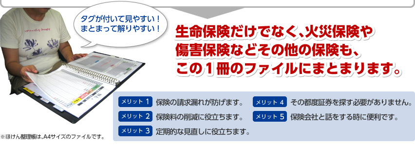 生命保険だけでなく、火災保険や障害保険などその他の保険もこの1冊のファイルにまとまります。